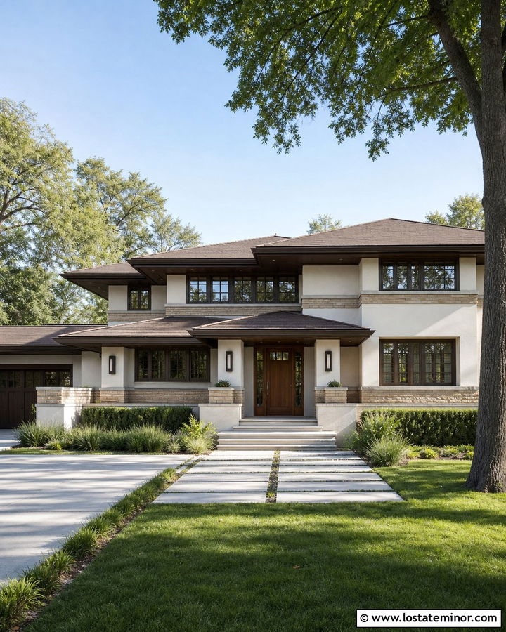 Warm White Prairie House With Geometric Sconces - 30 Warm White House Design With Light Fixtures Ideas