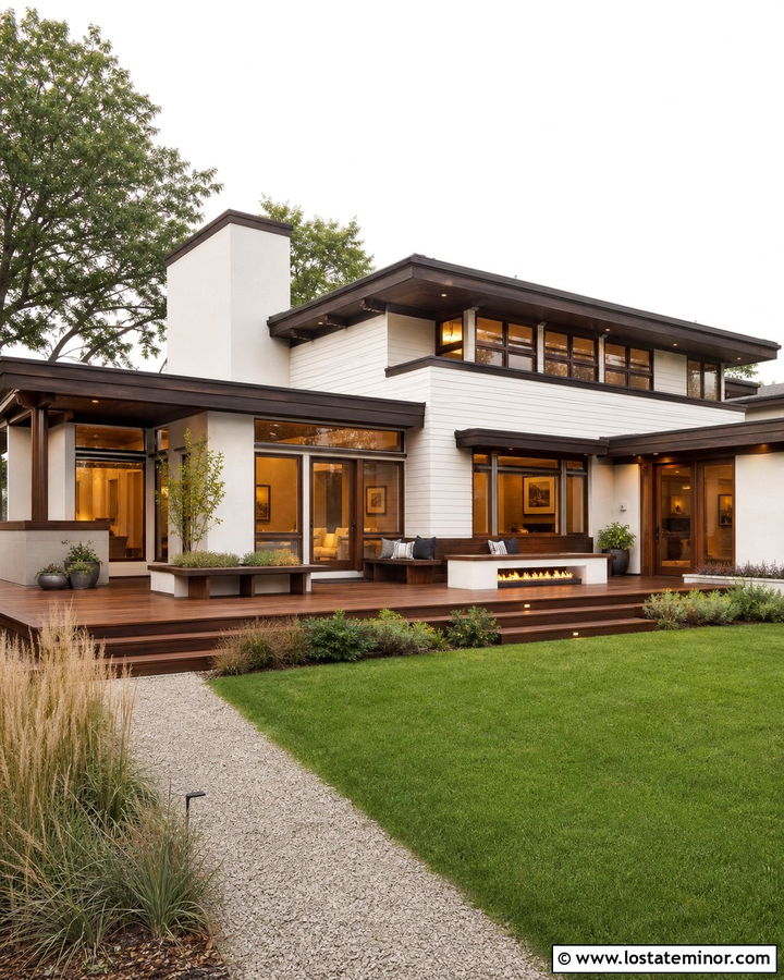 Warm White Prairie House With Horizontal Deck - 30 Warm White House Design With Backyard Ideas