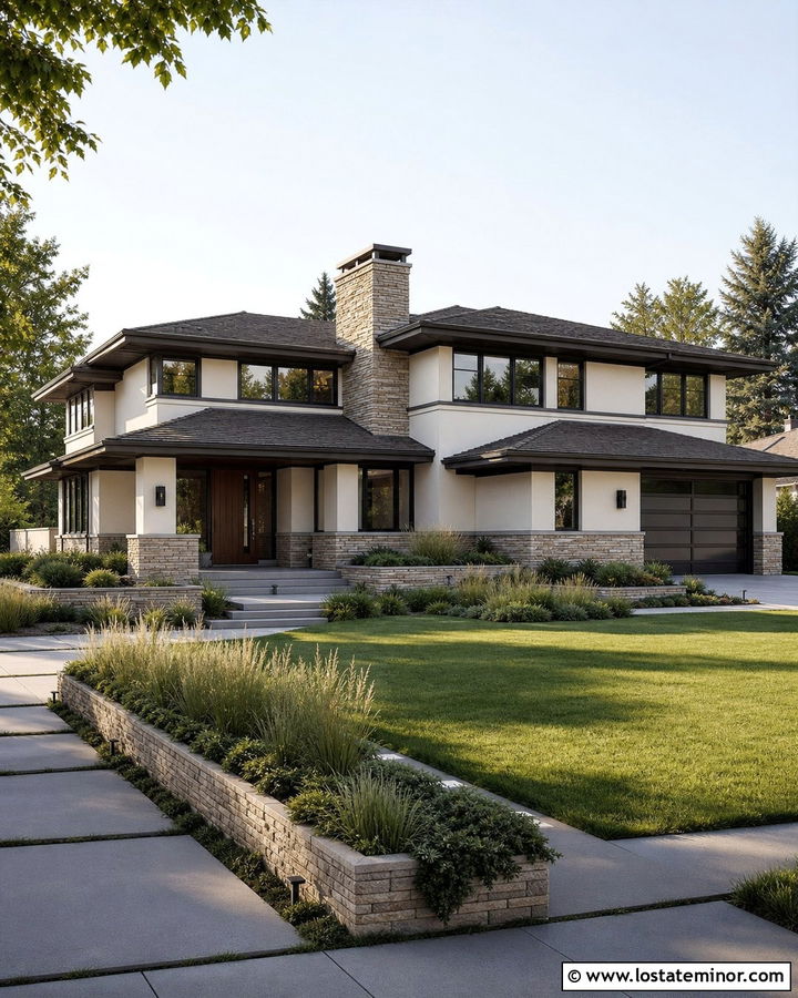 Warm White Prairie House With Horizontal Stone - 30 Warm White House Design With Stone Accents Ideas