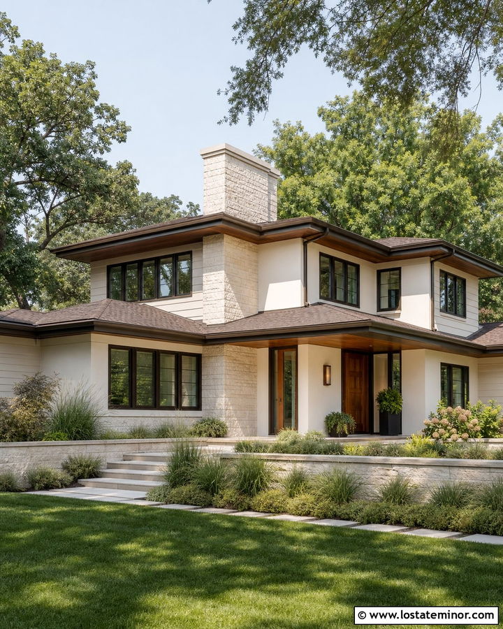 Warm White Prairie House With Limestone Chimney - 30 Warm White House Design With Chimney Ideas