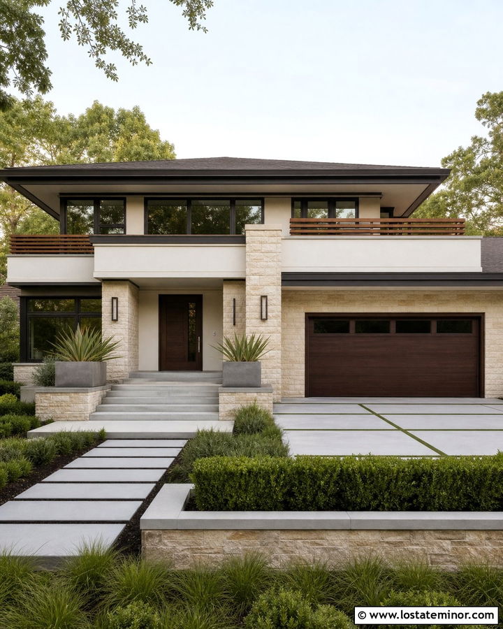 Warm White Prairie House With Linear Railings - 30 Warm White House Design With Railings Ideas