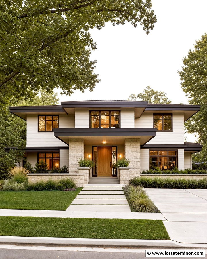 Warm White Prairie House With Low Slope Portico - 30 Warm White House Design With Portico Ideas