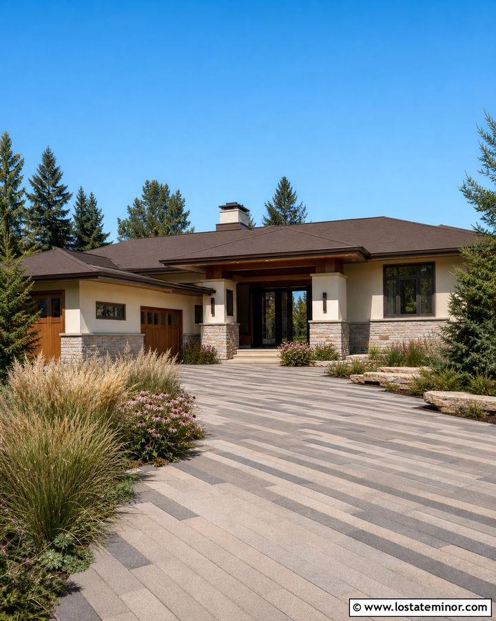 Warm White Prairie House With Permeable Paver Driveway - 30 Warm White House Design With Driveway Ideas