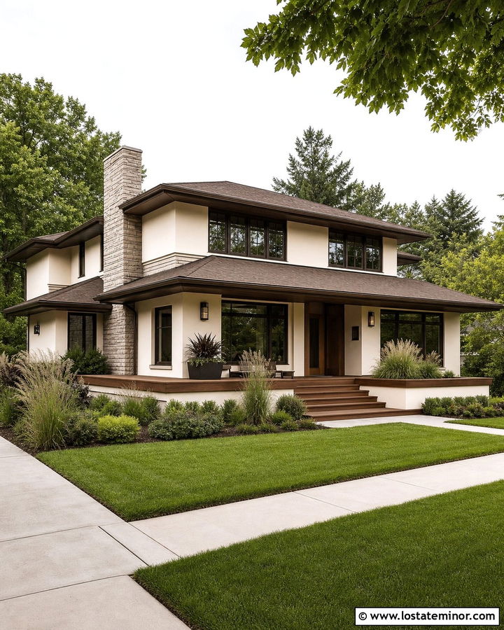 Warm White Prairie House With Wide Deck - 30 Warm White House Design With Deck Ideas