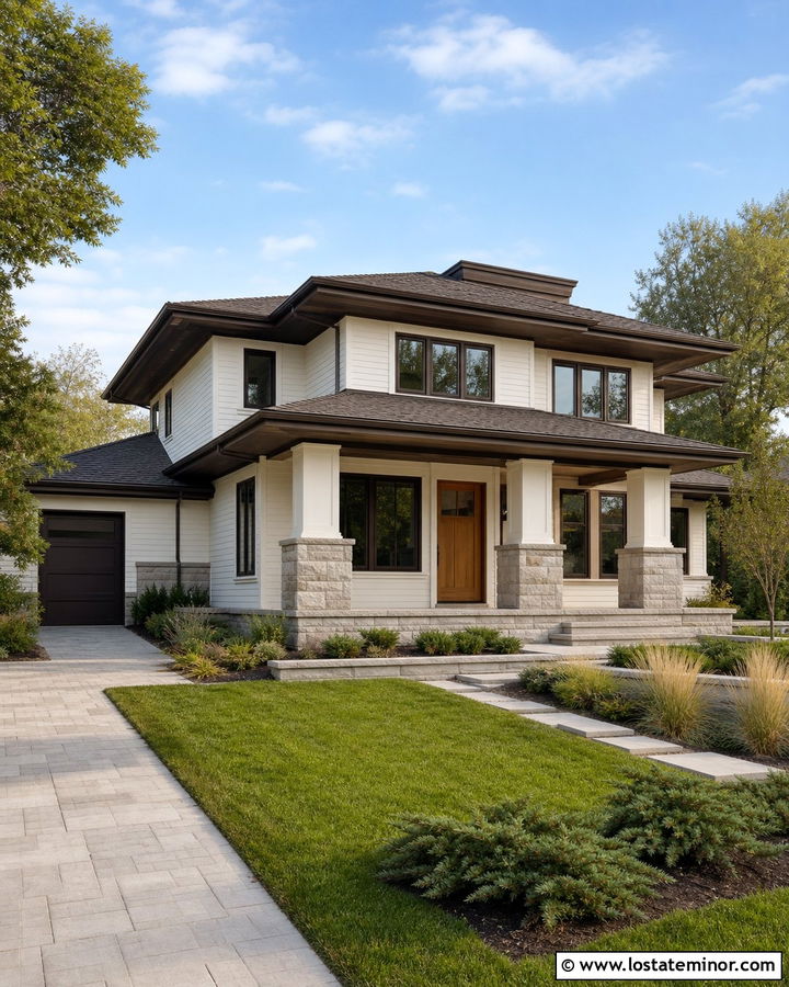 Warm White Prairie House With Wide Porch Columns - 30 Warm White House Design With Porch Columns Ideas