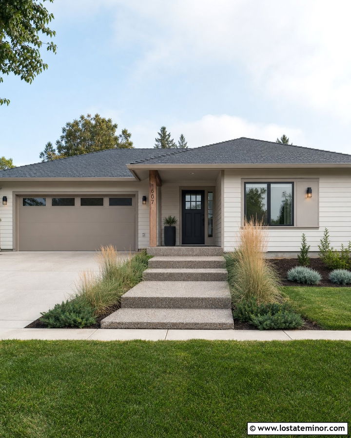 Warm White Ranch House With Aggregate Steps - 30 Warm White House Design With Steps Ideas