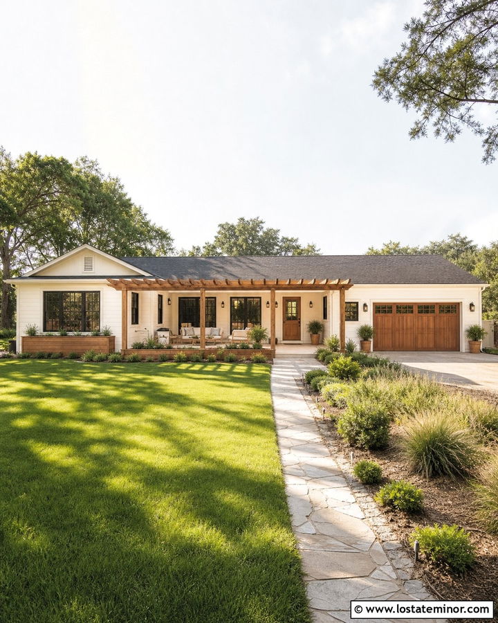 Warm White Ranch House With Attached Pergola - 30 Warm White House Design With Pergola Ideas