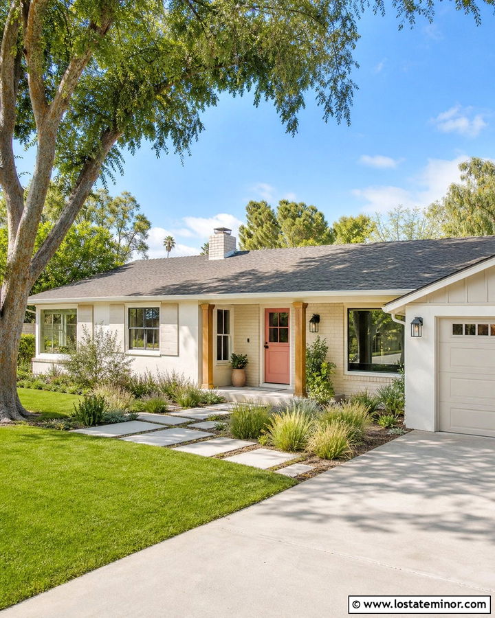 Warm White Ranch House With Coral Dutch Door - 30 Warm White House Design With Dutch Door Ideas
