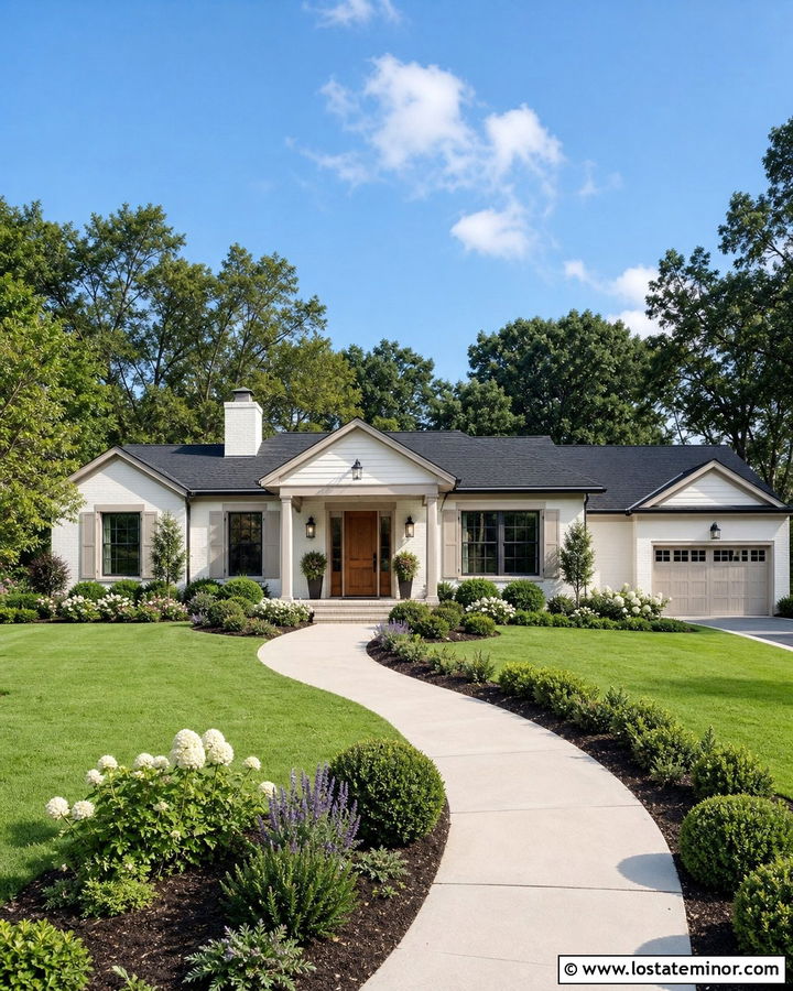 Warm White Ranch House With Curved Garden Beds - 30 Warm White House Design With Landscaping Ideas