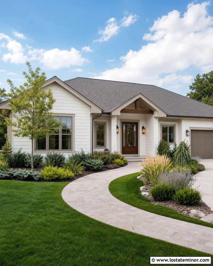 Warm White Ranch House With Curved Walkway - 30 Warm White House Design With Front Yard Ideas