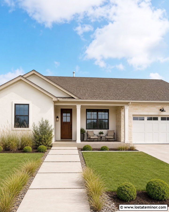 Warm White Ranch House With Greige Porch Ceiling - 30 Warm White House Design With Porch Ceiling Ideas