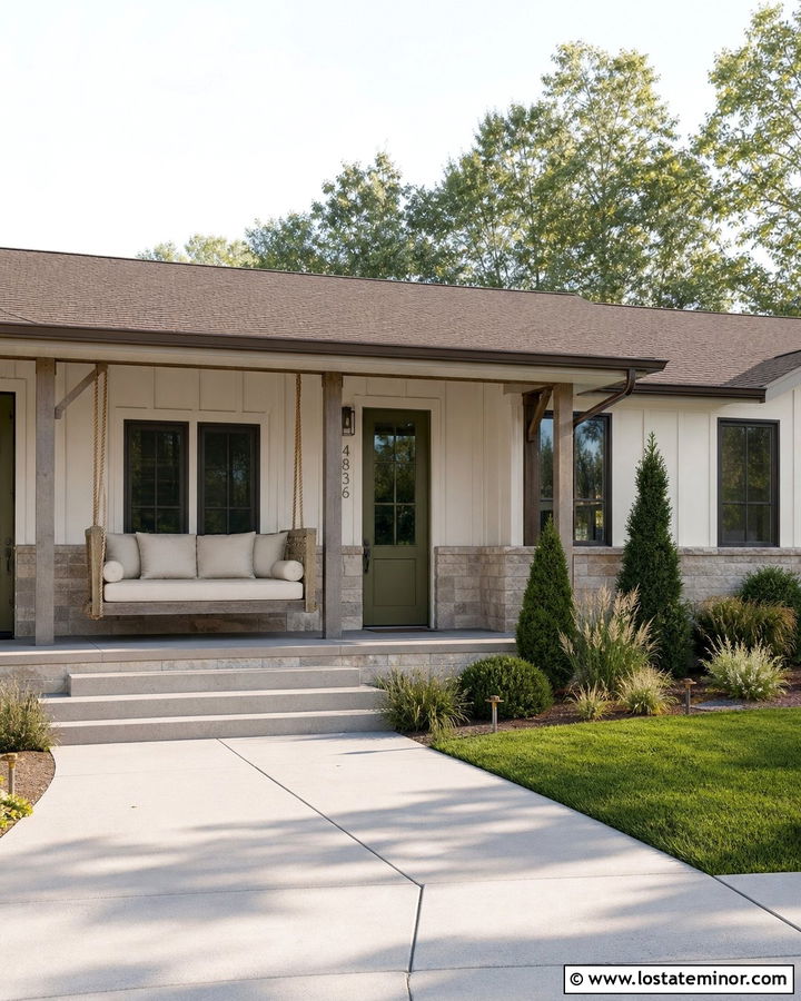 Warm White Ranch House With Hanging Daybed Swing - 30 Warm White House Design With Swing Ideas