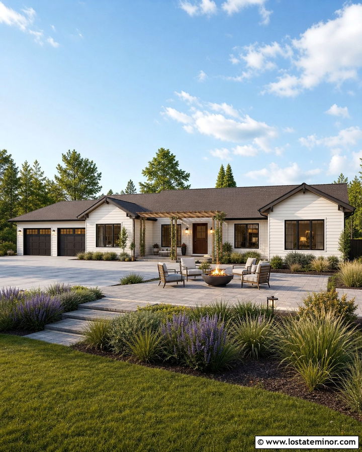 Warm White Ranch House With Paver Patio - 30 Warm White House Design With Backyard Ideas
