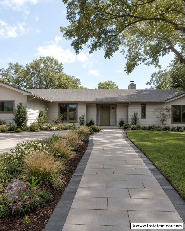 Warm White Ranch House With Paver Walkway - 30 Warm White House Design With Walkway Ideas