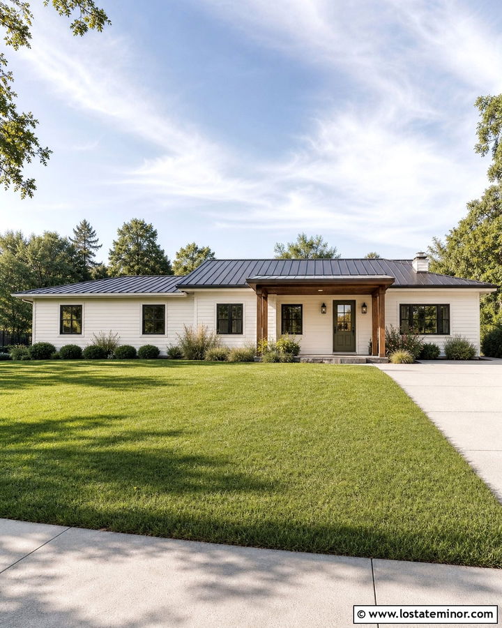 Warm White Ranch House With Shed Roof Portico - 30 Warm White House Design With Portico Ideas