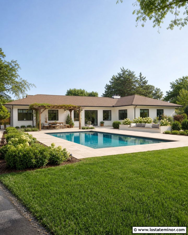 Warm White Ranch House With Small Backyard Pool - 30 Warm White House Design With Swimming Pool Ideas
