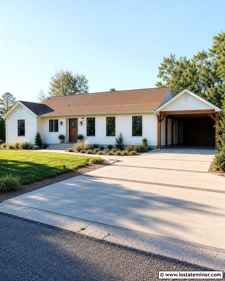 Warm White Ranch House With Wood Carport - 30 Warm White House Design With Carport Ideas