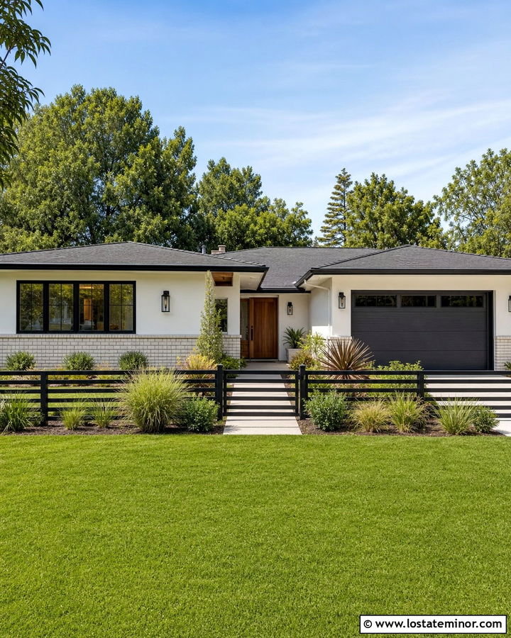 Warm White Ranch With Black Horizontal Fence - 30 Warm White House Design With Fence Ideas