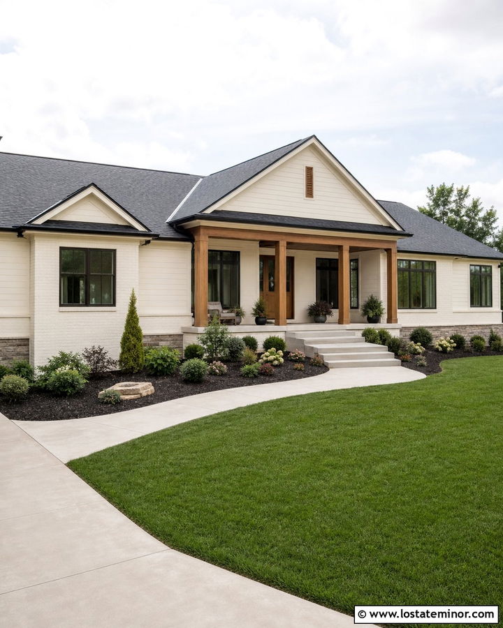 Warm White Ranch With Cedar Porch Columns - 30 Warm White House Design With Porch Columns Ideas