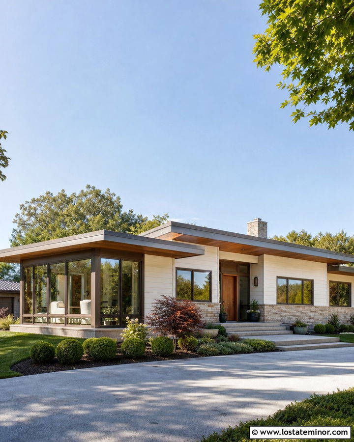 Warm White Ranch With End Sunroom - 30 Warm White House Design With Sunroom Ideas