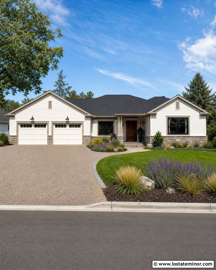 Warm White Ranch With Exposed Aggregate Driveway - 30 Warm White House Design With Driveway Ideas