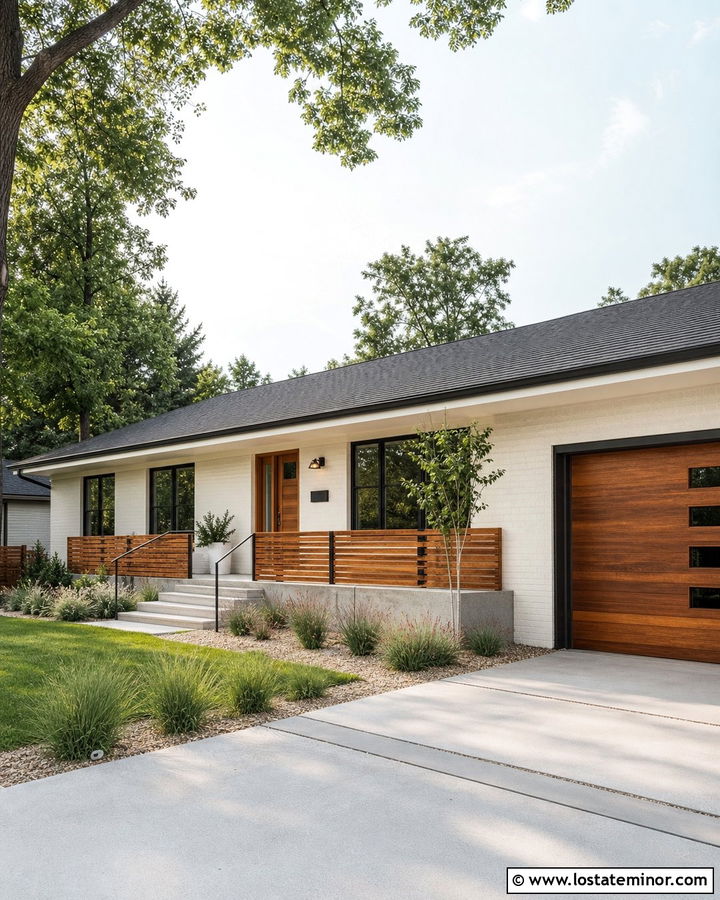 Warm White Ranch With Horizontal Cedar Railings - 30 Warm White House Design With Railings Ideas