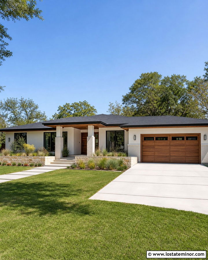 Warm White Ranch With Horizontal Garage Door - 30 Warm White House Design With Garage Door Ideas