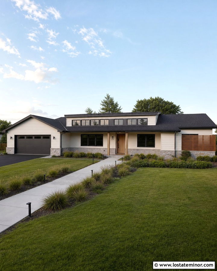 Warm White Ranch With Long Shed Dormer - 30 Warm White House Design With Dormers Ideas