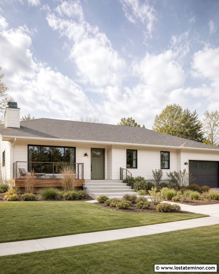 Warm White Ranch With Low Platform Deck - 30 Warm White House Design With Deck Ideas