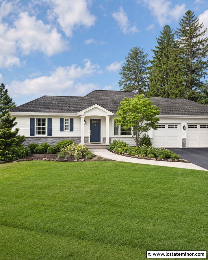 Warm White Ranch With Navy Blue Front Door - 30 Warm White House Design With Front Door Ideas
