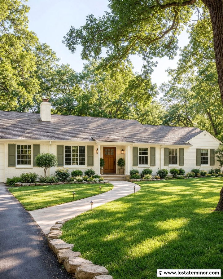 Warm White Ranch With Path Lighting - 30 Warm White House Design With Lighting Ideas