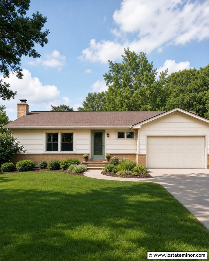 Warm White Ranch With Sage Green Storm Door - 30 Warm White House Design With Storm Door Ideas