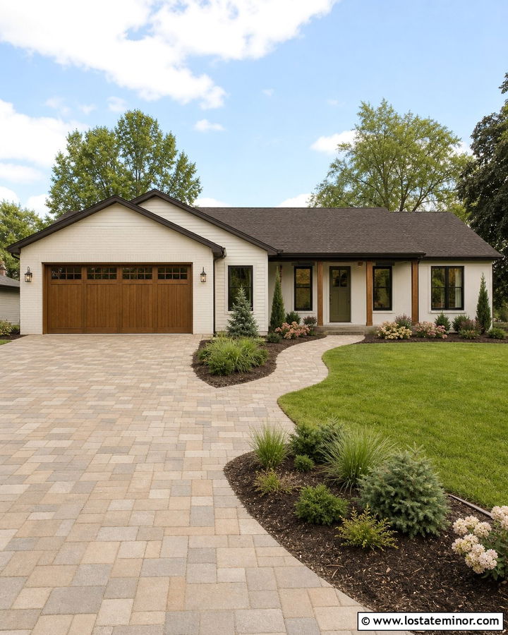 Warm White Ranch With Tan Paver Driveway - 30 Warm White House Design With Driveway Ideas
