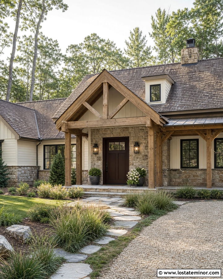 Warm White Rustic House With Chocolate Brown Front Door - 30 Warm White House Design With Front Door Ideas