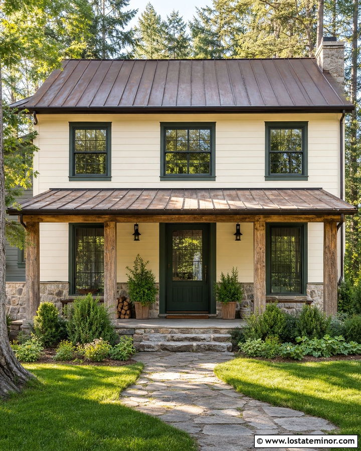 Warm White Rustic House With Dark Green Storm Door - 30 Warm White House Design With Storm Door Ideas