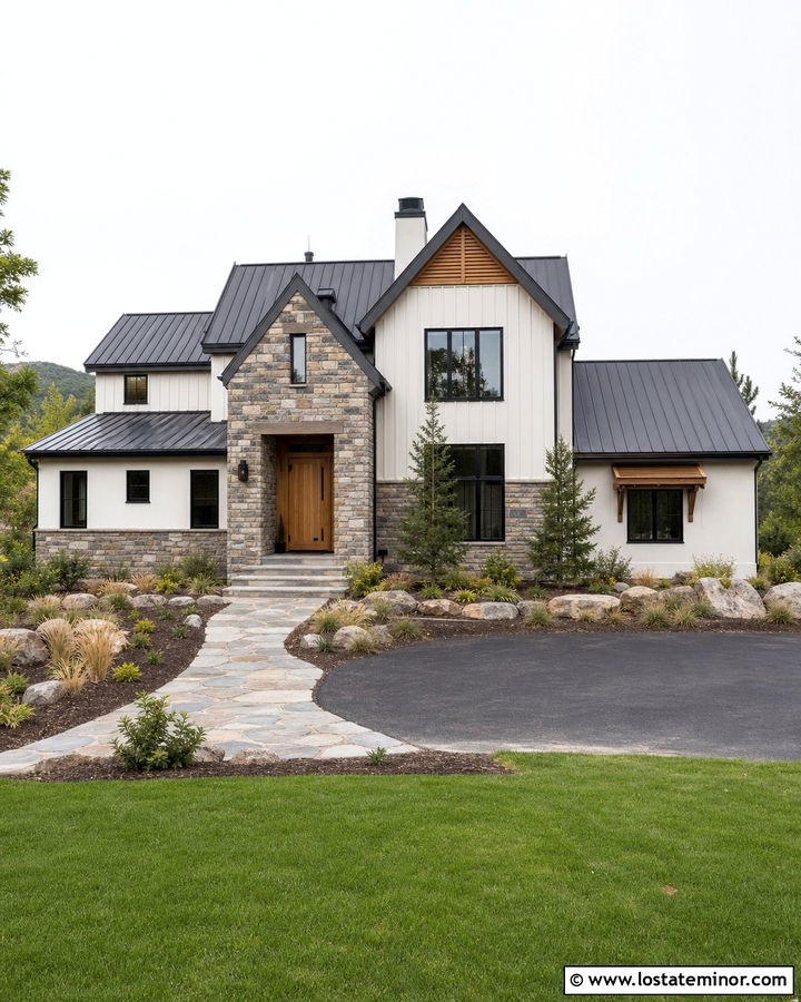 Warm White Rustic Modern House With Cedar And Stone - 30 Warm White House Design With Stone Accents Ideas