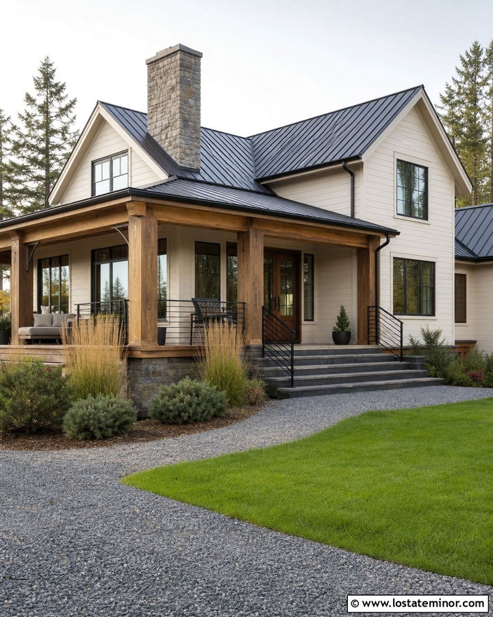 Warm White Rustic Modern House With Mixed Deck - 30 Warm White House Design With Deck Ideas