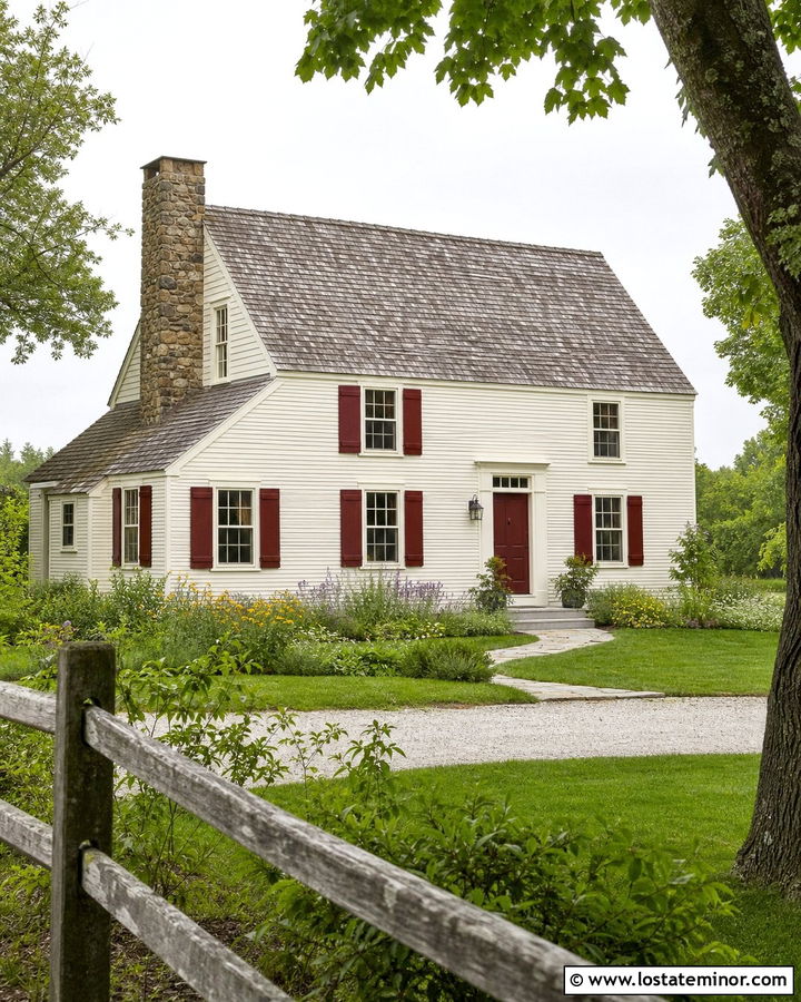 Warm White Saltbox House With Barn Red Shutters - 30 Warm White House Design With Shutters Ideas