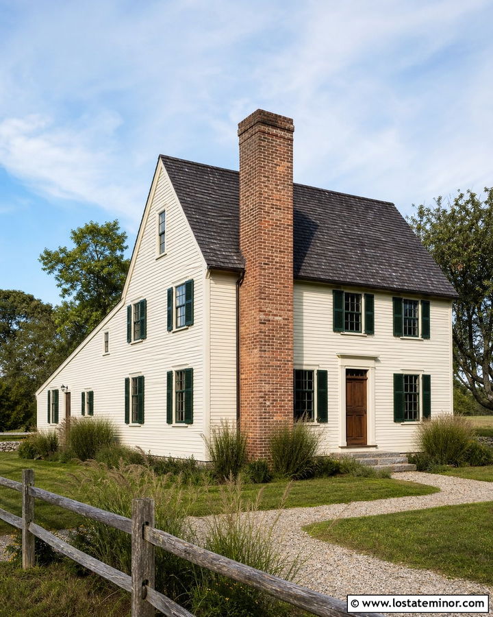 Warm White Saltbox With Central Brick Chimney - 30 Warm White House Design With Chimney Ideas