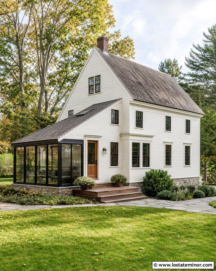 Warm White Saltbox With Rear Sunroom - 30 Warm White House Design With Sunroom Ideas