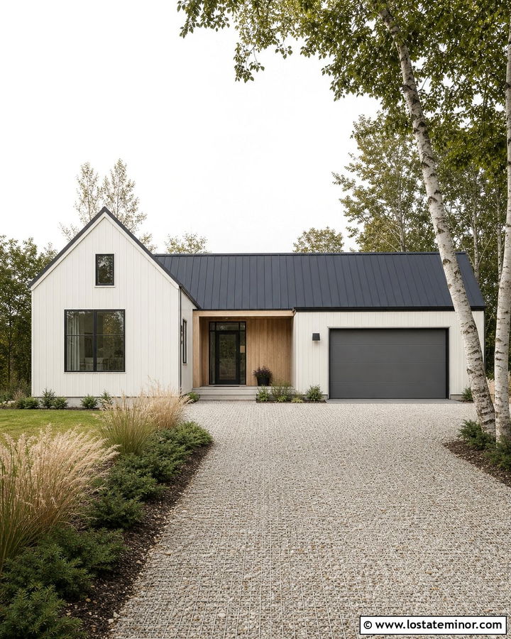 Warm White Scandinavian House With Gravel Grid Driveway - 30 Warm White House Design With Driveway Ideas