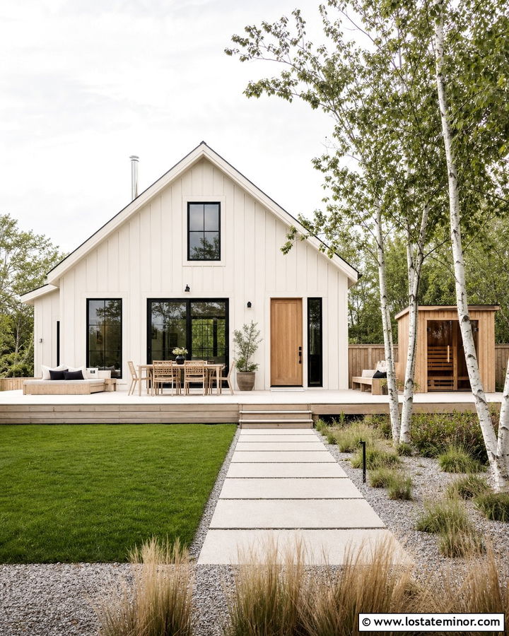 Warm White Scandinavian House With Wood Deck - 30 Warm White House Design With Backyard Ideas