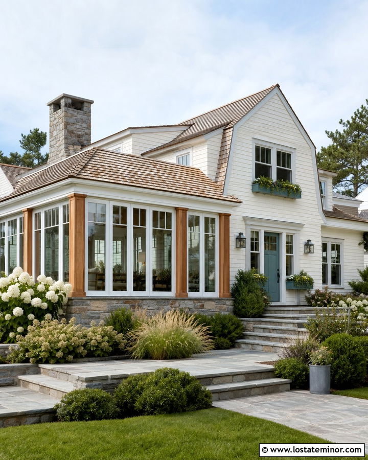 Warm White Shingle House With Cedar Sunroom - 30 Warm White House Design With Sunroom Ideas