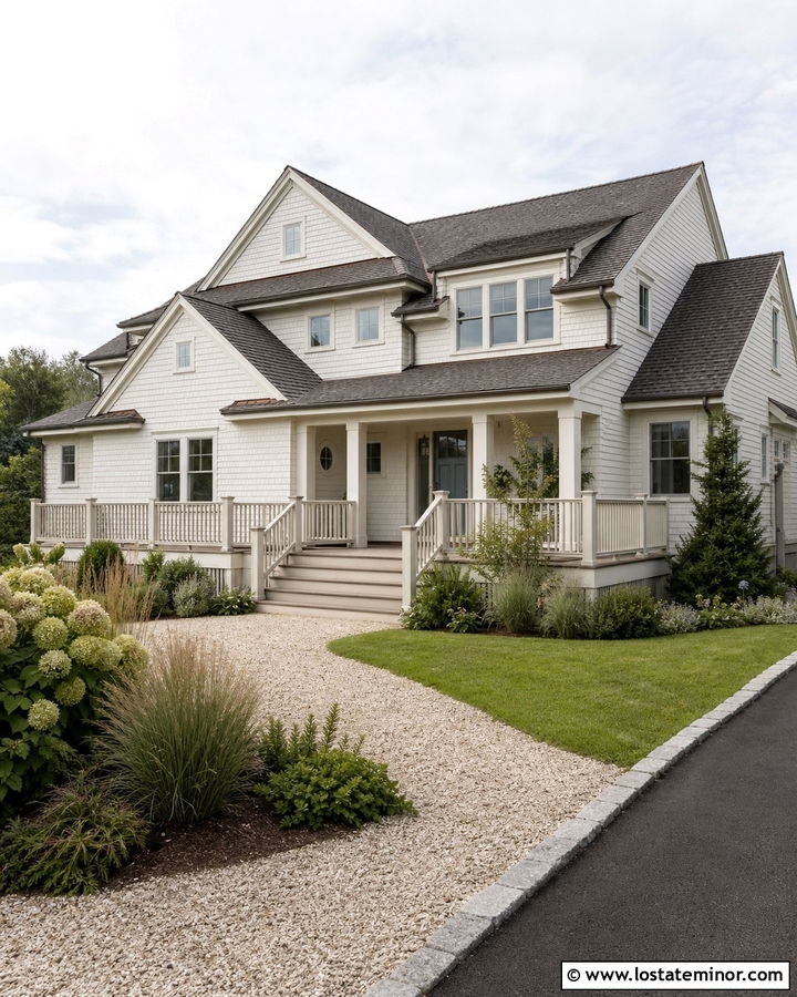 Warm White Shingle House With Driftwood Deck - 30 Warm White House Design With Deck Ideas