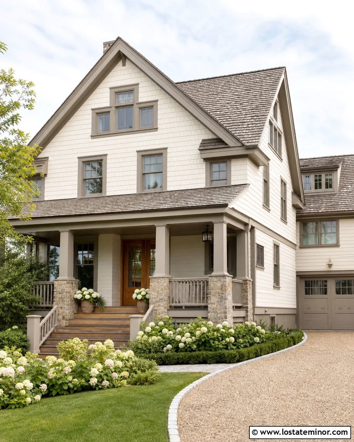 Warm White Shingle House With Gray Railings - 30 Warm White House Design With Railings Ideas