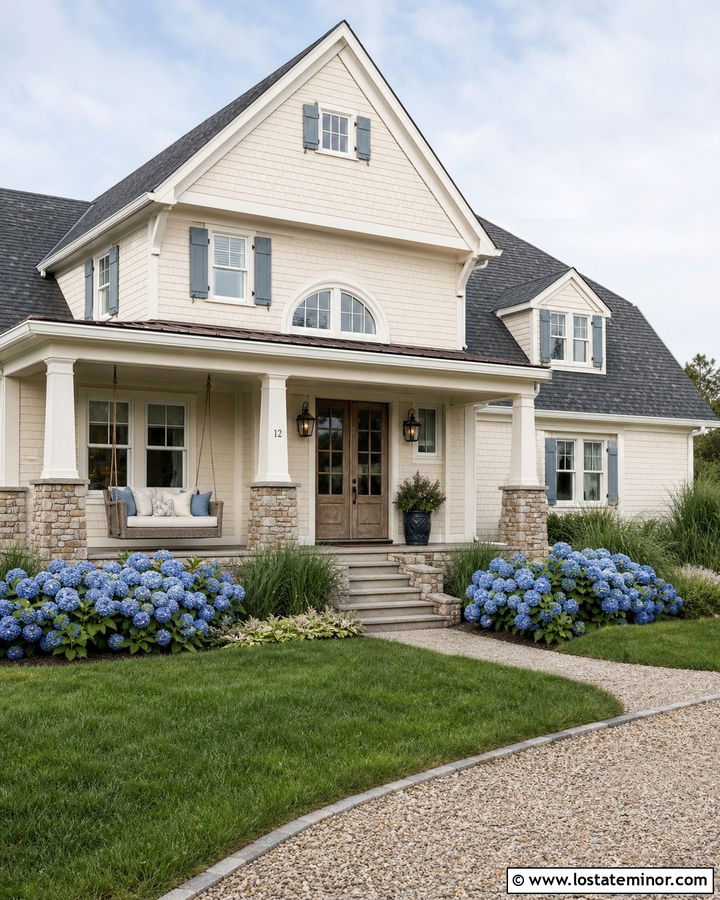 Warm White Shingle House With Gray Swing - 30 Warm White House Design With Swing Ideas