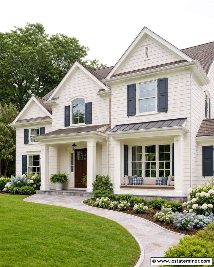 Warm White Shingle House With Window Daybed - 30 Warm White House Design With Daybed Ideas