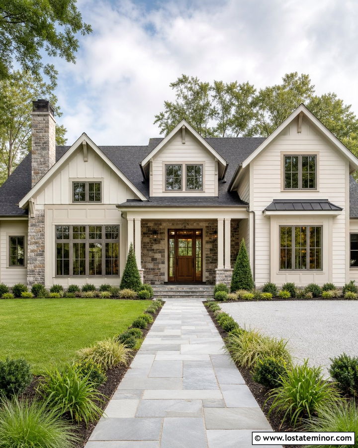 Warm White Siding With Gray Stone - 30 Warm White House Design With Siding Ideas