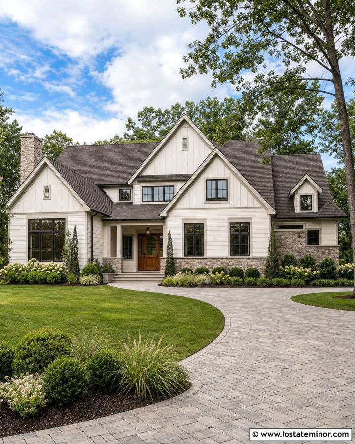 Warm White Siding With Layered Neutral Accents - 30 Warm White House Design With Siding Ideas
