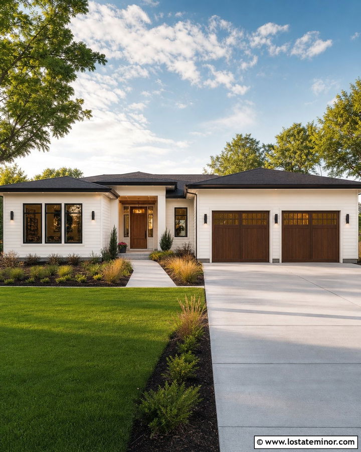 Warm White Siding With Natural Wood Garage Doors - 30 Warm White House Design With Siding Ideas